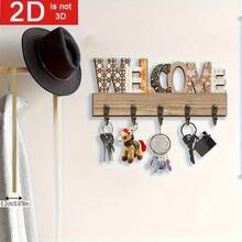 2D Flat "Welcome" Design Wooden Key Holder With 5 Metal Hooks - Suitable For Entryway, Door, Hallway, Mudroom, Hat/Bag Wall Decor - Modern Farmhouse Home Key Rack - Housewarming Thanksgiving Christmas Gift For Real Estate Agent Giveaway - View 1