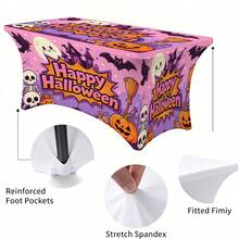 1件裝卡通快樂萬聖節標語印花高彈性桌布，附彈性帶全邊包覆，可拉伸貼合，可水洗重複使用，適用於餐桌、自助餐桌、甜點桌、宴會、節日派對裝飾、萬聖節、生日、婚禮，適合廚房使用 - 彩色 - 查看 4