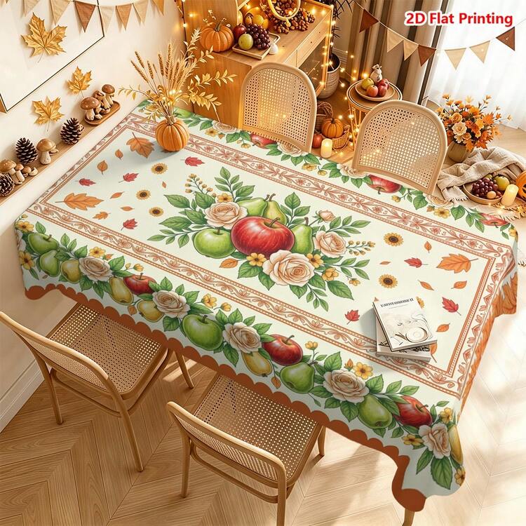 1/2pcs Autumn Tablecloth, Autumn Harvest Theme Polyester Fabric Tablecloth, Pastoral Style Apple Pear Rose Floral Pattern, Suitable For Dining Room Table, Kitchen, Coffee Table, Picnic, Camping, Country Farmhouse Decor, Holiday Tabletop Arrangement - Multicolor - View 10