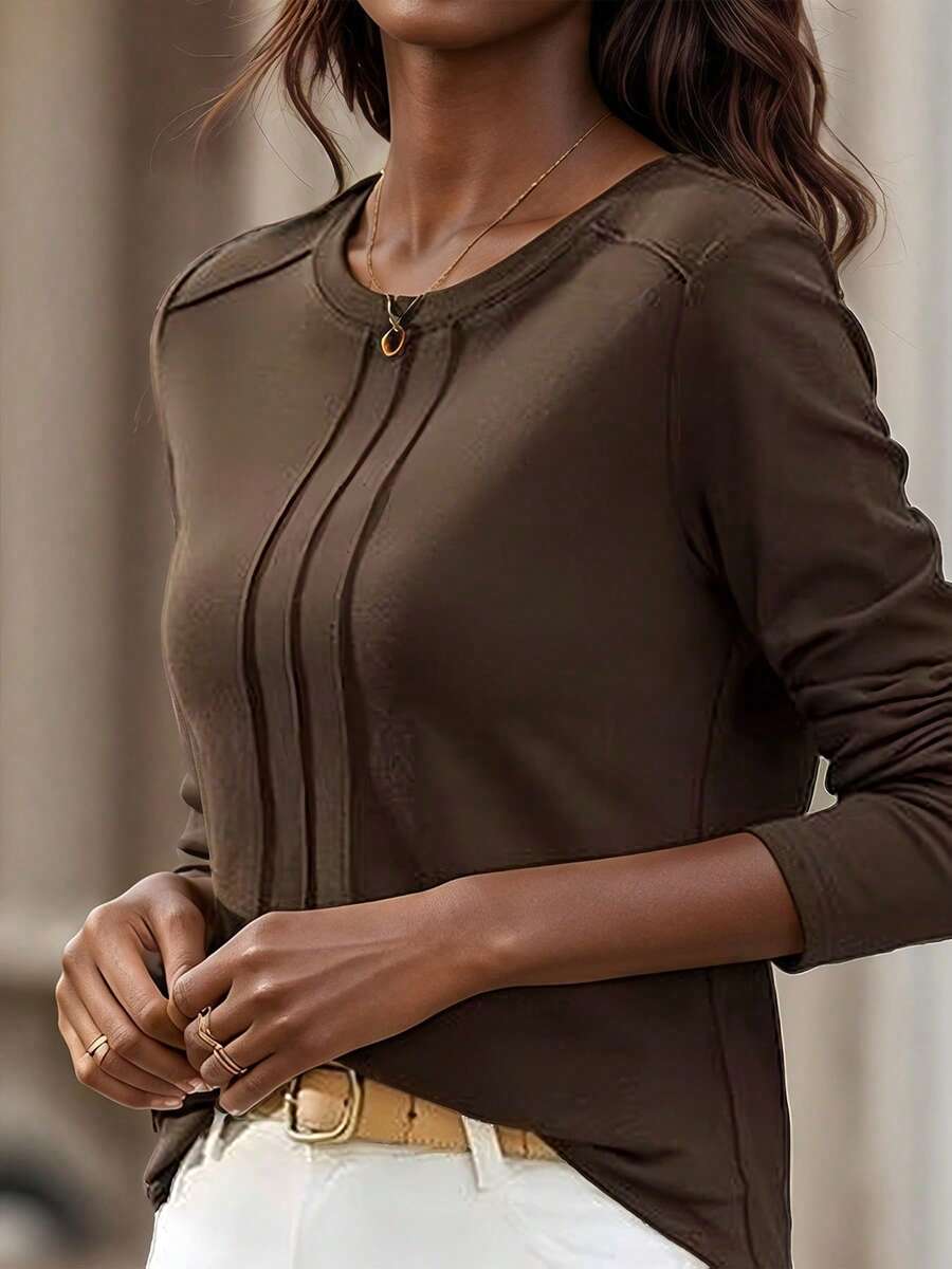 Blus Wanita Berlipit Leher Bulat, Atasan Kasual Serbaguna, Desain Menawan, Cocok untuk Musim Gugur/Musim Dingin/Musim Semi - Coffee Brown - View 1