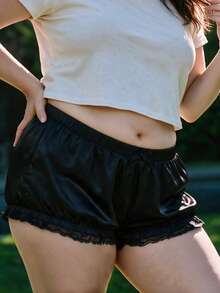 Women Plus Size Shorts Lace Trim Elastic Waist Loose Fit Sleep Shorts - Black - View 3