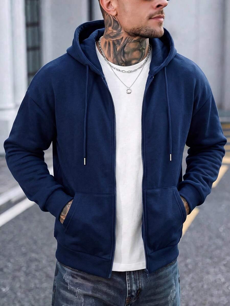Sweatshirt Lengan Panjang Berkerudung dengan Resleting Penuh untuk Pria, Atasan Kasual Serbaguna untuk Beraktivitas di Luar Rumah. - Navy Blue - View 1