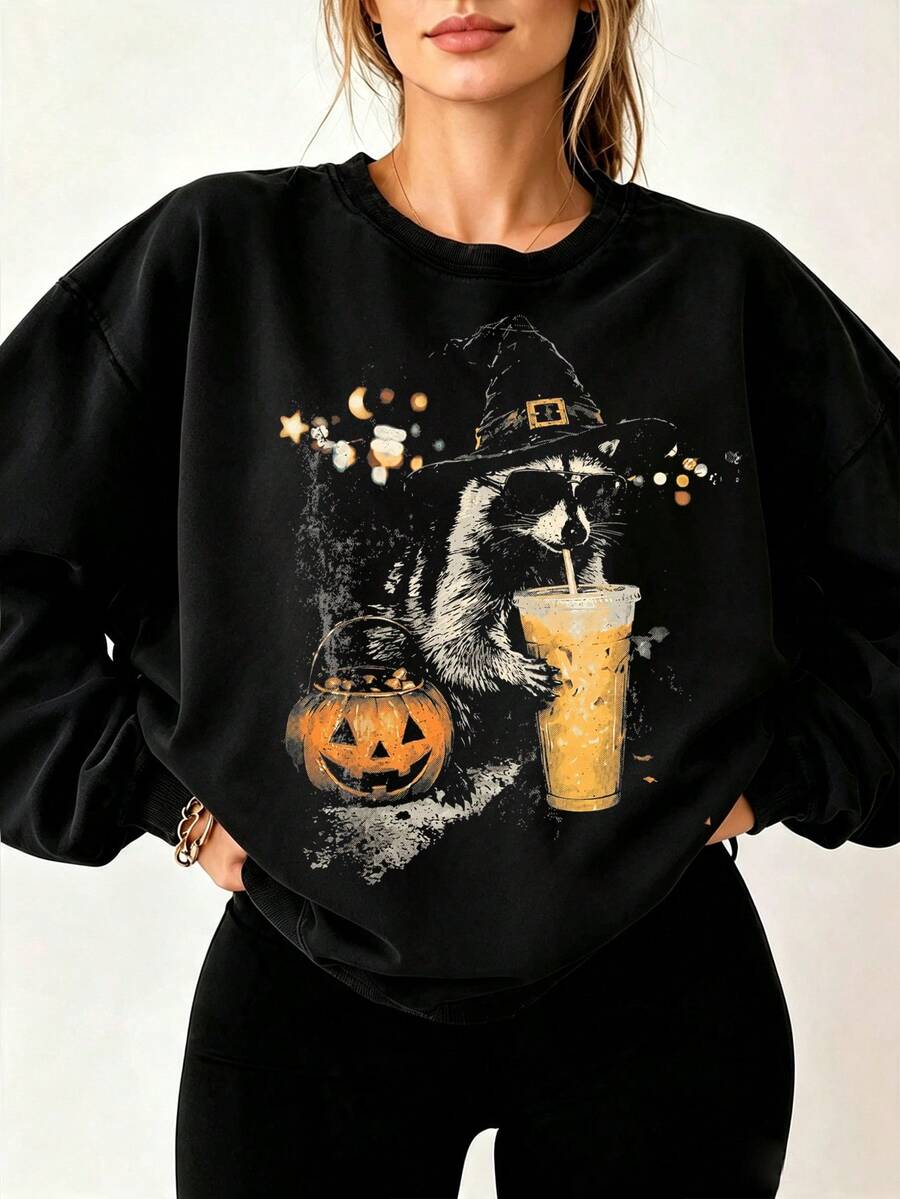 Fun Witch Raccoon Pumpkin Iced Coffee Print Plus Size Women's Crew Neck Sweatshirt, Halloween Costume, Autumn Casual Black Fall - Black - View 1