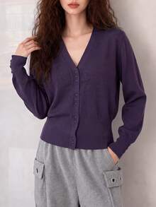 Sweater Rajut Cardigan Leher V Minimalis Elegan untuk Wanita Musim Gugur/Dingin - Purple - View 3