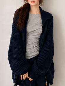 Women's Winter Casual Minimalist Loose Fit Turn-Down Collar Knit Cardigan Sweater Jacket Fall - Navy Blue - View 1