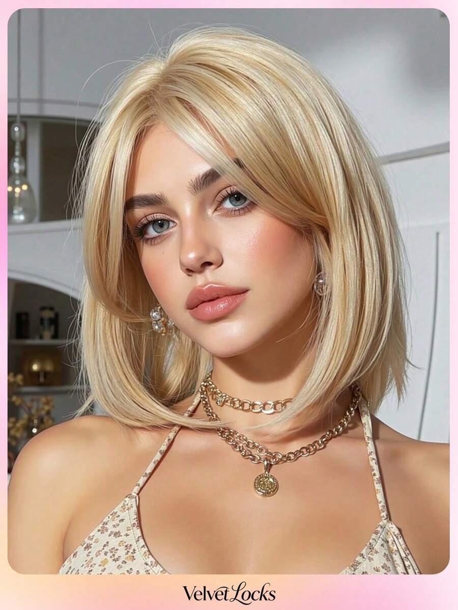 [Velvet Locks]New 13*4 Glueless Front Lace Wig, 12 Inch Flaxen Gold Short Straight Hair, Fashionable Women's No Bangs Pre-Trimmed Heat-Resistant Synthetic Hair, Soft And Smooth, Suitable For Beginners, Daily Wear, Y2K Style, Party, Cosplay, Dance, Travel, Holiday - 亞麻金 - 查看 1