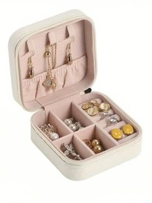 1pc White Minimalist Portable Jewelry Box For Women, Mini Jewelry Storage Box With Zipper Compartments, PU Jewelry Case, Anti-Oxidation Velvet Lining, Earring Necklace Ring Partition Storage, Travel Jewelry Pouch, Home Small Earring Bracelet Organizer Box, Portable Jewelry Storage Box - Jewelry Box - View 1