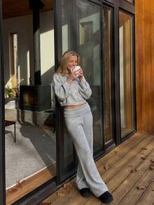 MORI Fall Winter Y2K Elegant Casual Grey Knit Cropped Cardigan Top Pants Two Pieces Set Women Going Out Vacation Outfits - Light Grey - View 7