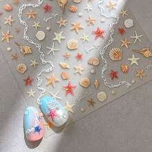 Shell Pearl Starfish Shell Nail Stickers, Minimalist Sparkling Cute Starfish Decorative Stickers, Ocean Series Colorful Shell Conch Nail Stickers, Premium Shell Pearl Starfish 3D Embossed Nail Stickers - Ocean - View 10