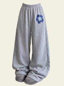 Lurzo Teen Girl Casual Loose Straight Leg Pants, Blue Floral Pattern, Elastic Waist Straight Leg Pants, Comfortable Fabric, Suitable For Daily Campus Wear - Grey - View 3