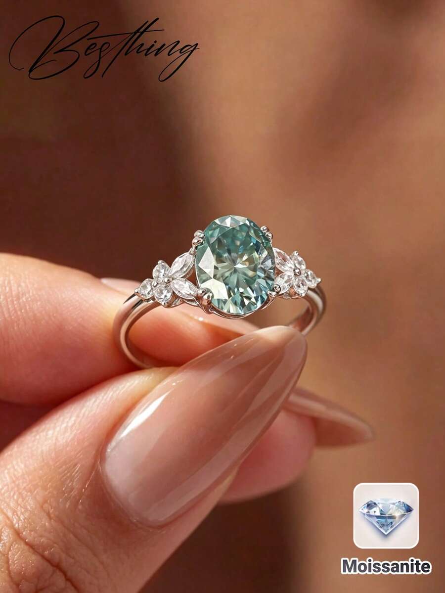 1pc Fashion INS Style S925 Sterling Silver 2CT Moissanite Blue-Green Oval Main Stone Bridal Quality Wedding Ring Proposal Wedding Daily Accessory Anniversary Holiday Gift - Multicolor - View 1