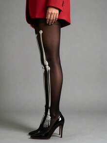 Élanzette 1pc Women's Skull Print Black Fashion Tights, Suitable For Halloween Party And Daily Wear - Multicolor - View 4