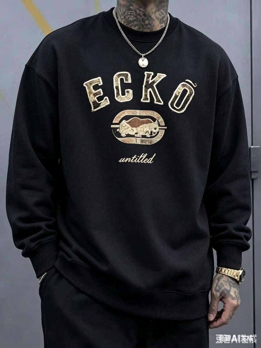 The Iconic ECKO Unltd Graphic Features A Bold Rhino Emblem With Urban Camouflage Lettering Symbolizing Strength Individuality Urban Culture 300g - 黑色5 - 查看 1