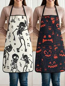 4pcs Halloween Print Kitchen Apron, Dancing Skeleton & Jack‑O‑Lantern Pattern Adjustable Cooking Apron, Funny Spooky Party Cosplay Decor Apron - Multicolor - View 3
