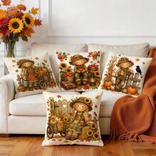 4pcs Autumn Harvest Scarecrow Pattern Pillow Covers Without Inserts, Single-Sided Printed Pillow Covers, Suitable For Living Room, Bedroom, Home Decor, All-Season Pillow Covers - Multicolor - View 8