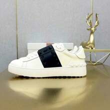 VL Rivet White Leather Sneakers, Plus Size Pair-Skateshoes In Stock, Platform High-Top Shoes, Lightweight Contrast-Color Sports Shoes - 鉚釘黑 - 查看 2