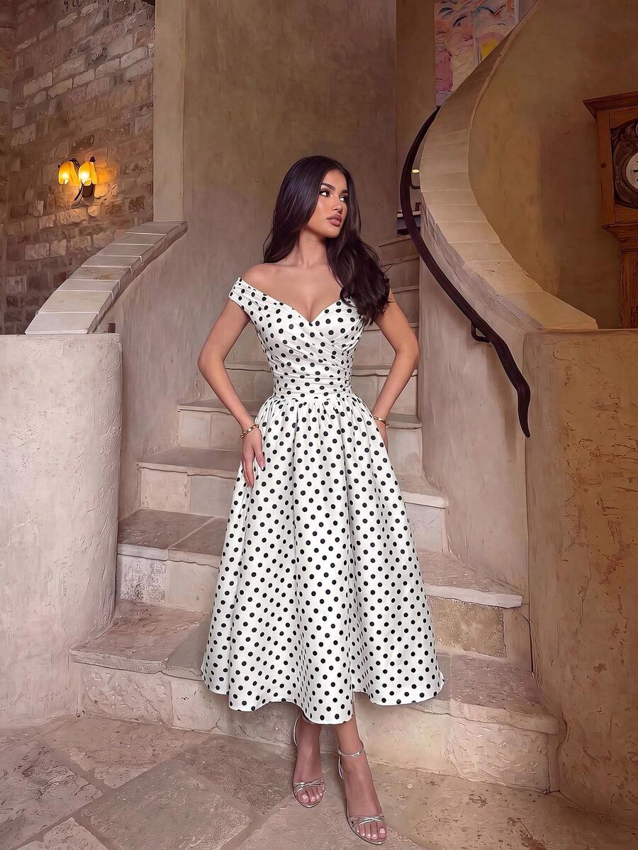 ADYCE Elegant Polka Dot Cold Shoulder Cross Pleat High Waist A-Line Maxi Party Dress For Halloween Prom Evening Date Wedding Guest Family Gathering White - White - View 1
