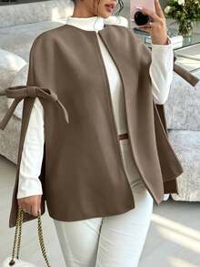 معطف كيب منسوج للنساء، تصميم رقبة دائرية، مزين بفيونكة، أكمام كيب، مناسب للارتداء في فصل الخريف - بني - مشاهدة 4