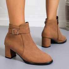 Botas de Tornozelo Femininas da Moda, Salto Grosso, Fechamento com Zíper, Adequadas para Outono/Inverno, Natal e Dia dos Namorados - Caramelo - Visão 6