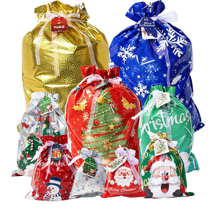 10pcs Christmas Gift Bags, Christmas Drawstring Gift Bags, Multiple Sizes | For Christmas Holiday Gift Packaging, Holiday Party Supplies (Random Colors And Sizes) - Mixed Colors - View 1