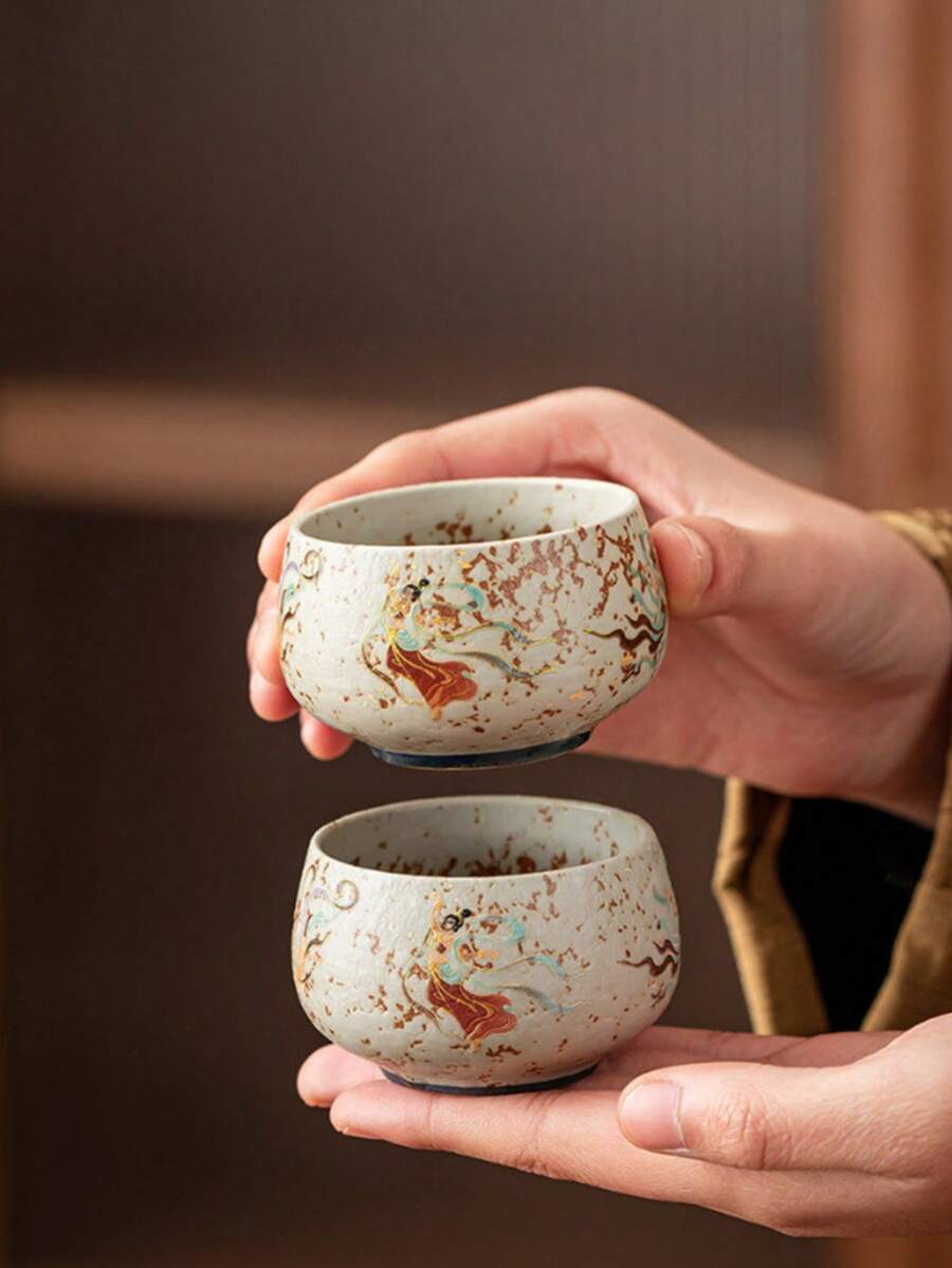 2pcs/1pc Vintage Ceramic Cup, Dunhuang Flying Apsaras Red Tea Cup, Ceramic Vintage Arhat Master Cup, Personal Tea Cup, Water Cup, Gift Cup, Suitable For Home Use, Gift, Party - Multicolor - View 1