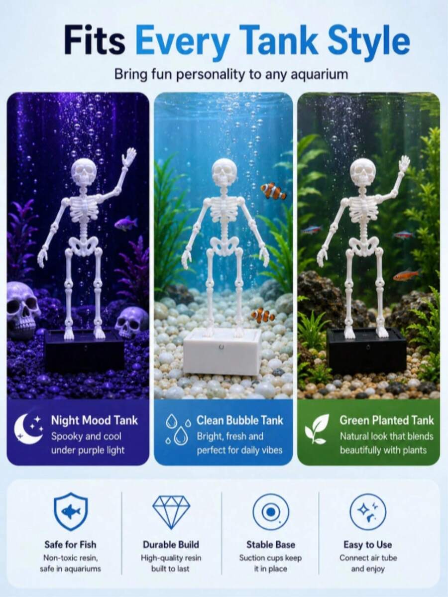 1/2件裝 動態跳舞骷髏魚缸裝飾品,多關節可擺造型氣泡驅動骷髏擺飾,創意萬聖節魚缸造景,趣味裝飾魚缸飾品 - 查看 1