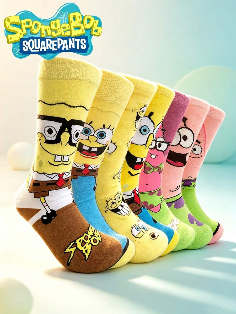 SpongeBob SquarePants 7/3/1入中性趣味卡通印花襪,適合日常穿著、旅行、學校,低筒短襪學生船襪,聖誕禮物、旅行禮物、婚禮禮物、聖誕派對禮物,送給媽媽、爸爸、男性生日禮物、新年禮物、朋友的趣味禮物 - 彩色 - 查看 1