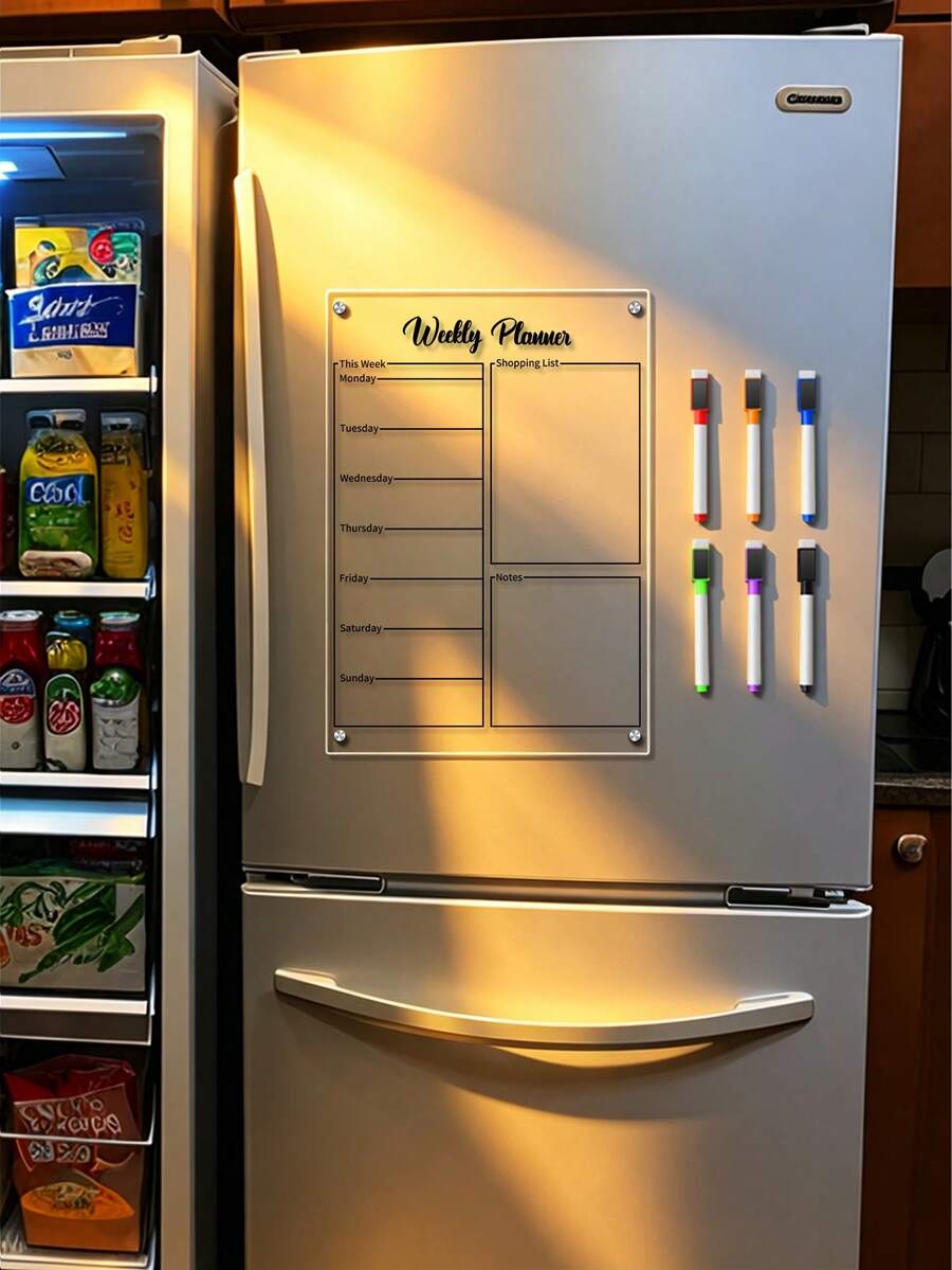 Refrigerator Magnetic Acrylic Planning Board Transparent Weekly Schedule Checklist Board Reusable Erasable Shopping List Memo Board White, Black, Gold 3 Colors Available Home Kitchen Whiteboard - Multicolor - View 1