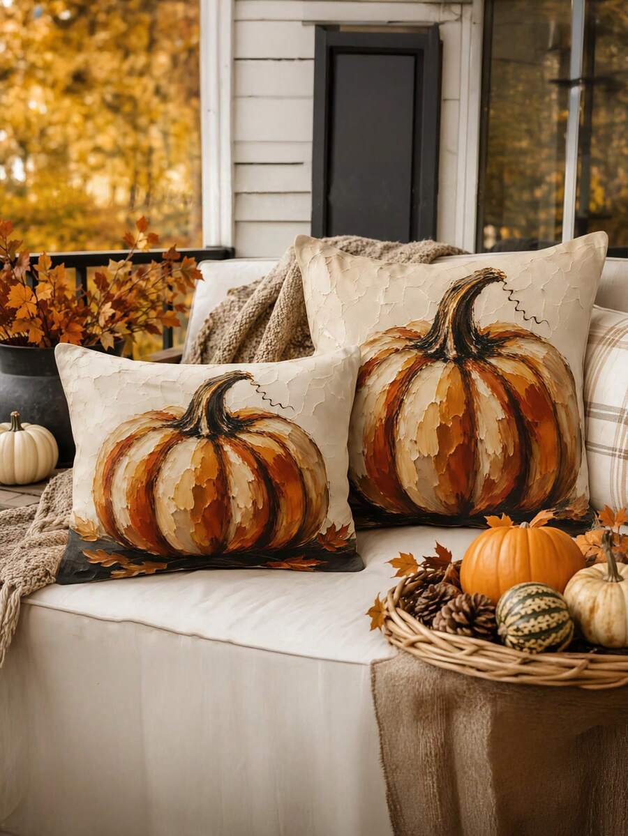 1/2/4件組南瓜秋季戶外抱枕套 手繪南瓜裝飾 中性農舍風靠墊套 鄉村風秋季裝飾 - 橘色 - 查看 1