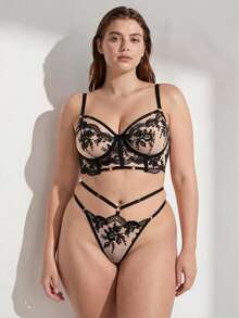 Plus Size Sexy Lingerie Set , Vintage Mesh Floral Embroidery Bra Set, High Coverage & Lift Push Up Bra - Black - View 3