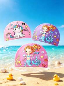 1pc Children's Swimming Cap Summer Outdoor Beach Vacation Cooling Gift, 10+ Cute Cartoon Animal Patterns (Unicorn, Shark, Mermaid, First Day Of School - Multicolor - View 7