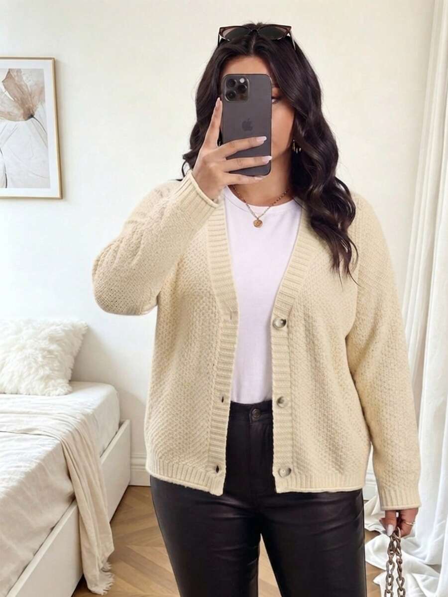 Plus Size Women's Apricot Khaki Cardigan Knit Sweater With Buttons Long Sleeve Jacket Versatile Casual Minimalist Sporty Loose Vacation College Fall - Apricot - View 1