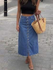 Women's Mid Waist Button Front Medium Wash Denim Skirt - Medium Wash - View 6