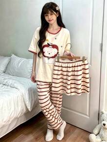 3pcs/Set Women's Pajama Loungewear Set, Round Neck Pullover Cute Puppy Pattern Print Short Sleeve Fashion Minimalist Shorts + Cropped Pants, Comfortable For Home, Suitable For Spring, Summer, Autumn - Multicolor - View 4