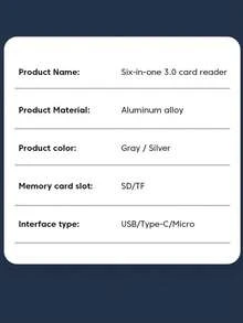 Multi-Functional USB 3.0 Card Reader, Suitable For Camera, Computer, Mobile Phone, Type-C 6-In-1 SD/TF High-Speed Card Reader - Light Grey - View 11