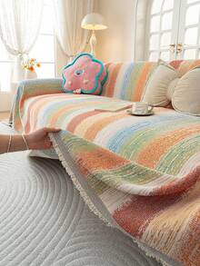 1pc Colorful Chenille Sofa Cover, Single Piece Sofa Protector With Tassel Design, All-Season Full Coverage, Pet-Friendly, Machine Washable, Suitable For Bedroom Living Room Office Home Decor, Fits 1-4 Seater Sofa - Red - View 2