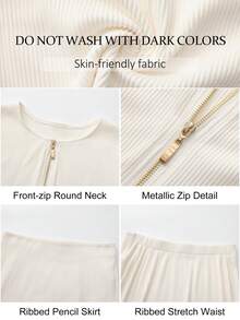 ROSIE POPHUB 2pcs Women's Apricot Elegant High Elasticity Ribbed Knit Crew Neck Zip-Up Top And Bodycon Skirt, Autumn/Winter Daily Commute Preppy Style Outfit - Apricot - View 9