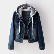 Women's Casual Denim Jacket, Long-Sleeved Hooded Denim Short Jacket, The Hood Can Be Removed, Suitable For Spring And Autumn And Any Occasion. - Dark Blue (gray Hat) - View 6