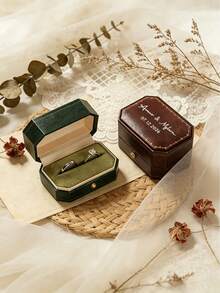 Personalized PU Leather Ring Box, Dual Slot Design, This Artificial Leather Engagement Ring Storage Box With Soft Fabric Lining Is A Perfect Keepsake For Wedding Proposal And An Ideal Anniversary Gift For Couples On Valentine's Day - Multicolor - View 2