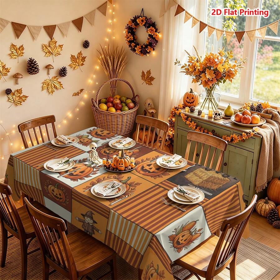 1/2pcs Autumn Tablecloth, Halloween Theme Pumpkin Scarecrow Rustic Style Polyester Tablecloth, Suitable For Dining Table, Coffee Table, Kitchen, Picnic, Camping, Autumn Holiday Decoration, Farmhouse Tabletop Protection - Multicolor - View 1