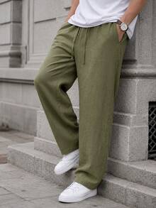 Men's Drawstring Casual Pants, Breathable Loose Drape Lazy Wide Leg Long Pants - Green - View 2