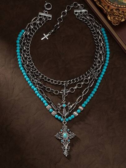 Vintage Bohemian Style Multi-Layer Stacked Necklace, Distressed Turquoise Cross Collarbone Chain, Niche Heavy-Duty Neck Chain, Featuring 4-Layer Chain Design With Multiple Mini Cross Charms, Rich Layering And Strong Visual Impact, Suitable For Various Necklines, Perfect For Daily Commute, Music Festivals Or Bohemian Looks, Unique Design To Avoid Duplication