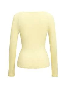 Women Fall Summer Yellow Square Neck Long Sleeve Top Lace Trim Button Ribbed Knit Slim Fit Y2K Casual Sweet Back To School Street Home Daily Wear Tee - Yellow - View 4