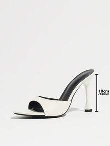 Zapatos de tacón alto elegantes de punta redonda para mujer con textura animal delicada tipo espejo, diseño espiral blanco fresco y romántico con tacón arquitectónico, sandalias de tacón alto slip-on de moda con contraste negro & blanco, pantuflas de fiesta para todas las estaciones, zapatos de mujer para primavera/verano, vestido de noche, compras al aire libre, citas, bodas y vacaciones - Blanco - Ver 7
