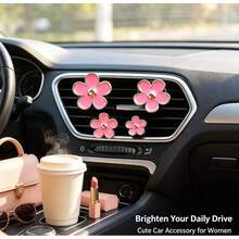 4pcs Pink Enamel Flower Car Air Vent Clips, Gold Rim Alloy Flower Car Interior Decoration, Premium Gift For Female Drivers - A - View 1