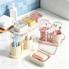 Bathroom Set, Toothbrush Holder With Cup And Soap Dish With Lid, Minimalist Countertop Organizer, Keep Vanity Tidy, Portable Sealed Soap Box, Leak-Proof Soap Box, Suitable For Travel, Dorm, Student Bathroom - Multiple Styles - View 4