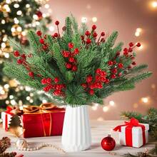 20pcs Mixed Pine Needle & Red Berry Artificial Plants, Realistic Faux Greenery, Suitable For Christmas Wreaths, Room Decor, Bedroom Decor, Christmas Home Decor, Fireplace Mantel Tabletop Centerpiece, Wedding Handmade Floral Arrangement, Durable Non-Fading, Bendable Stems - Style A - View 8
