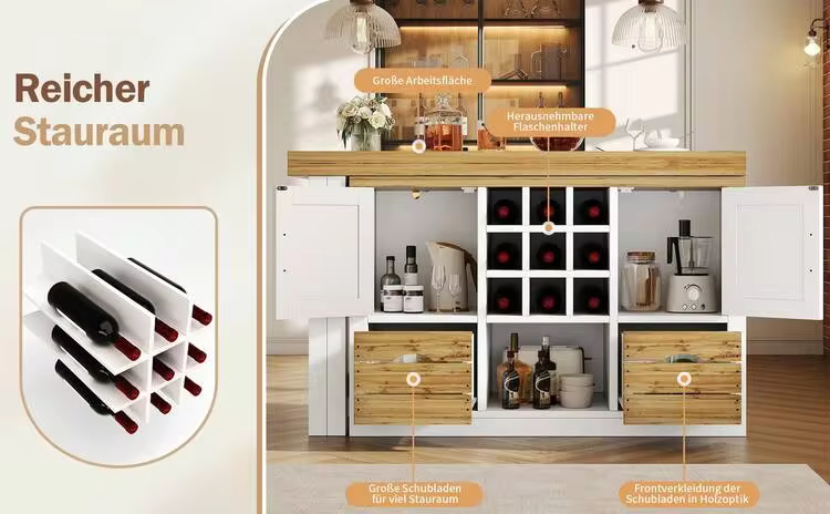 Expandable Sideboard White - Storage And Dining Table Space In Wood For Dining Room And Living Room - White - View 8