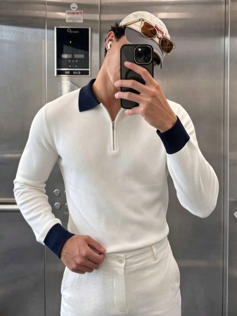 Men's Autumn/Winter Fashion Patchwork Slim Fit Regular Shoulder Zip-Up Turn-Collar Long Sleeve Sweater - White - View 1