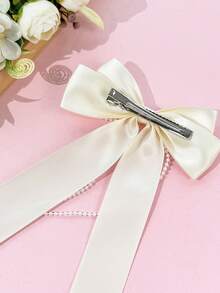 1pc Satin Double Layer Long Ribbon Pearl Chain Bow Hair Clip, Gentle Girl Half-Up Hair Accessory, Multi-Color Minimalist Versatile Hair Ornament, Back To School Gift - Multicolor - View 7